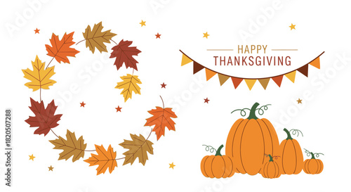 Happy Thanksgiving illustration with autumn leaves wreath and pumpkins.
