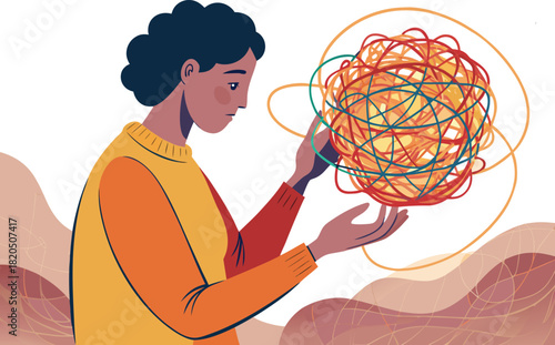 Overwhelmed woman contemplates complex tangled thread ball, feeling anxious and stressed about solving problems in life with creative design elements