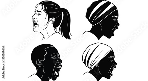 Four diverse people expressing anger and frustration in black and white