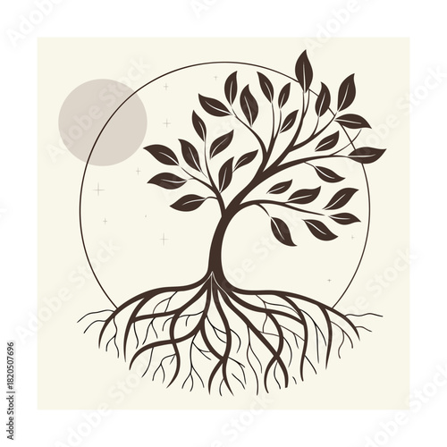 Minimalist Tree of Life with Roots Sun and Circle Emblem Keywords: tree of life, roots, branches, leaves, sun, circle, emblem, symbol, growth