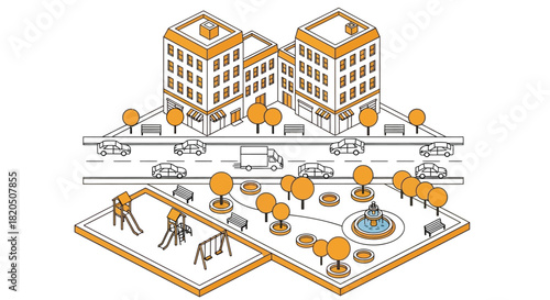 Isometric city illustration with park, playground, and street view