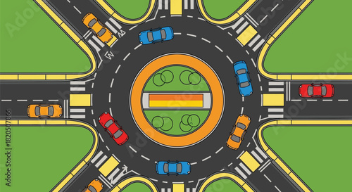 Illustrated cars navigating roundabout intersection safely and efficiently