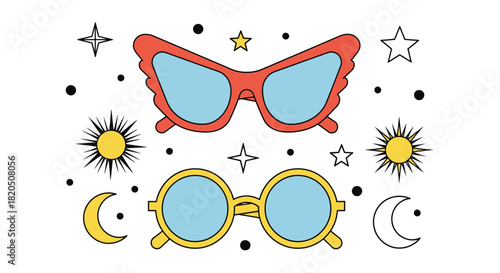 Whimsical sunglasses and celestial elements for summer vibes design
