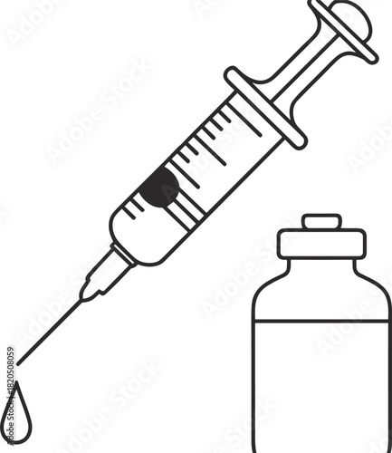 Medical Syringe with Droplet and Vial in Black and White Outline needle liquid