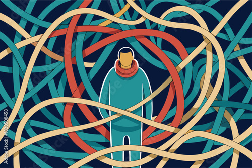Feeling lost and overwhelmed? Conceptual illustration of a person entangled in a web of confusion, representing mental health challenges or complex decisions