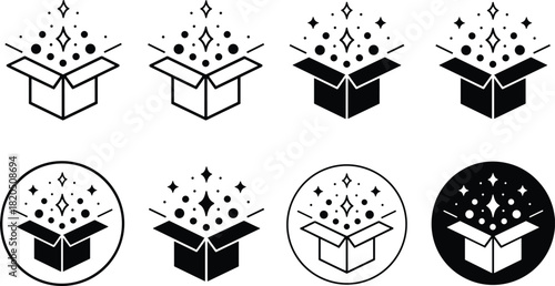 Open Box With Stars Sparkle Icons Set gift present