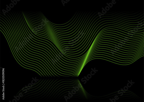 Green liquid dotted linear waves abstract futuristic tech background with reflection. Vector digital art minimal design
