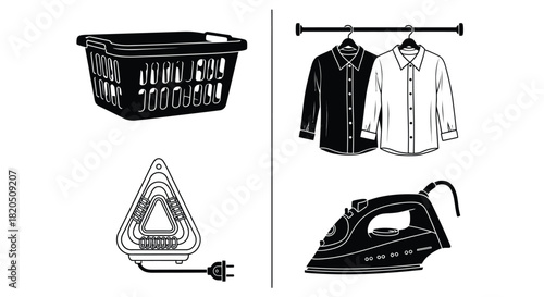 Organized laundry routine with iron and shirts ready to be placed away