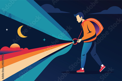 Illuminate your path with vibrant colors, a man walking into the night with a spectrum of light, bringing hope and positivity to a dark world