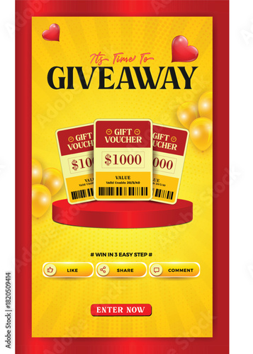 Bright blue gift box with red ribbons announcing a giveaway