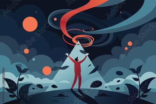 Embrace the unknown and reach for the future, a journey of self discovery and spiritual awakening in vibrant abstract landscape art