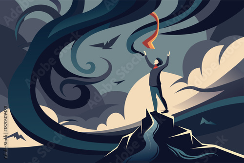 Brave person faces stormy skies and adversity, triumphing over challenges with a ray of hope, perfect for motivational content and business resilience themes