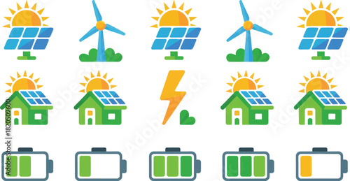 Solar Energy & Green Power Icons – Solar Panels, Wind Turbines, Eco Home, Battery Levels & Renewable Energy Set.