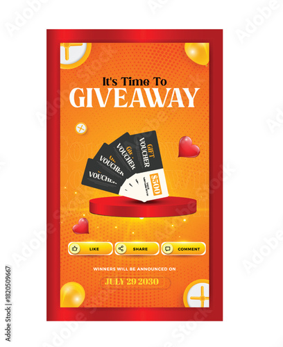 A vibrant yellow graphic announces a giveaway, featuring a gift box with a red ribbon and hearts, inviting participation.