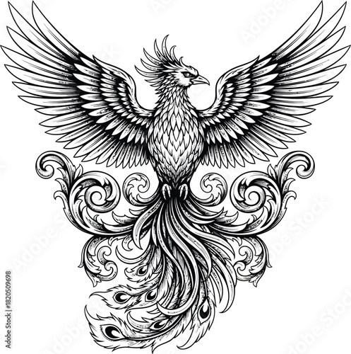 Phoenix bird illustration mythical creature tattoo design black white art eps silhouette