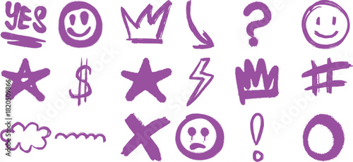 Purple Graffiti Icons: Stars, Crowns, Smiles, and Symbols