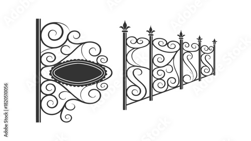 Ornate Black Wrought Iron Fence Section and Decorative Post with Oval Plaque metal