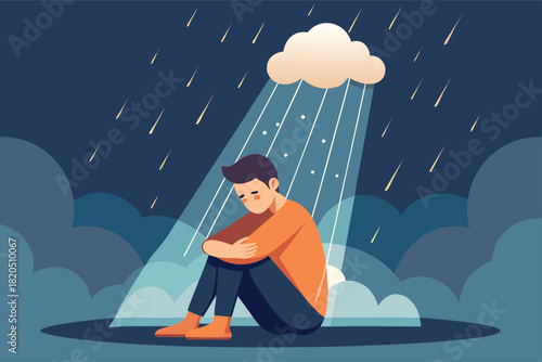 Feeling overwhelmed? Use this emotional illustration of a sad person sitting under a rain cloud for mental health awareness campaigns and support resources