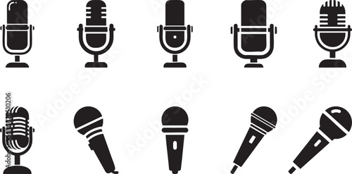 Microphone Icons Set.  Silent audio or sound symbol. Vector design, black microphone icons collection.