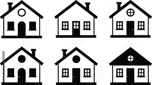 Six Simple Black House Icons with Different Window and Roof Styles home building