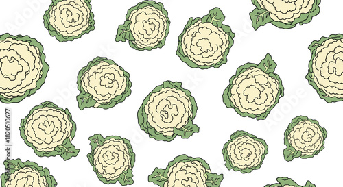 Seamless pattern with hand-drawn cauliflower heads scattered on a white background, perfect for kitchen or food-themed decor.