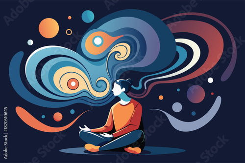 Find inner peace through meditation and mindfulness with this beautiful artwork depicting a woman in lotus position with swirling colorful energy