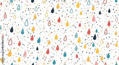 Playful and colorful seamless pattern with hand-drawn raindrops and dots in a bright, cheerful color palette for kids.