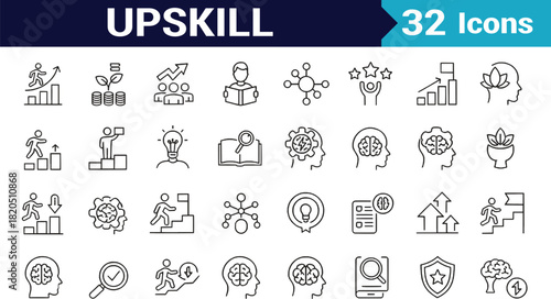 Upskill Web Icon Set in Line Style. Collection of Personal growth Linear Icons, Including upskilling, development, education, career, reskill, progress, strategy, skill goal and more. Editable Stroke