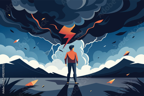 Brave man facing a powerful storm with lightning over the mountains, showcasing resilience and determination during challenging times, an inspirational concept