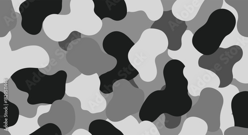 Seamless camouflage pattern with abstract rounded shapes in various shades of grey, creating a modern military-style background.