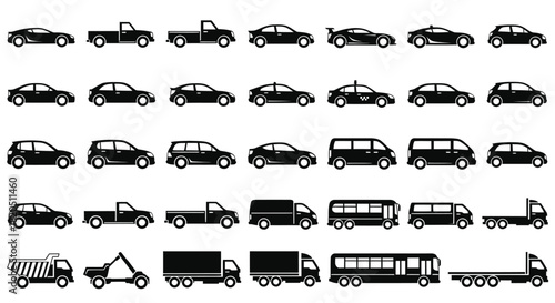 Vector car icons set transportation vehicles auto silhouette shapes