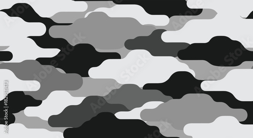 Monochrome seamless camouflage pattern with abstract cloud-like shapes in black, white, and grey for a modern textile design.