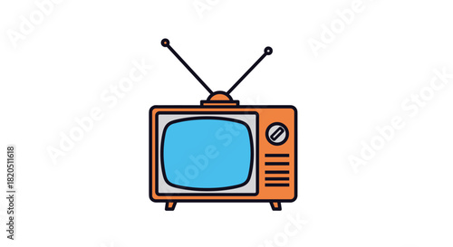 Colorful retro-style cartoon illustration of an old-fashioned television set with an antenna, isolated on a white background.
