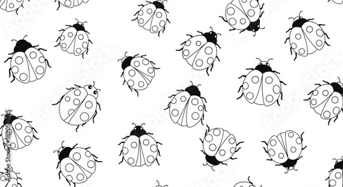 Seamless black and white pattern with cute, hand-drawn ladybugs scattered on a white background, perfect for a coloring page.