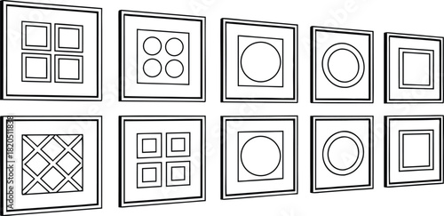 Rows of Framed Geometric Shapes and Patterns Keywords: geometric, shapes, patterns, frames, squares, circles, rhombus, grid, outline, black and