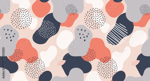 Abstract seamless pattern with organic, hand-drawn shapes and textures in a muted, earthy color palette for a modern design.