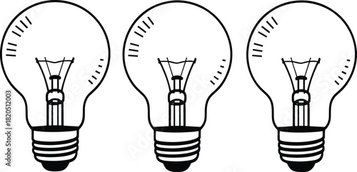Three Outline Light Bulbs with Visible Filaments on White idea concept