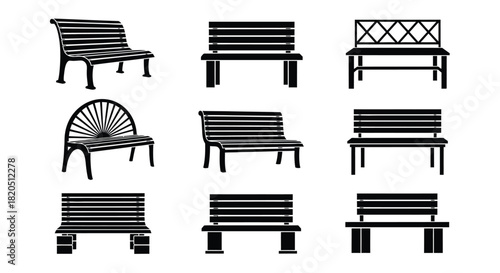 Vector illustration of various park benches black and white design