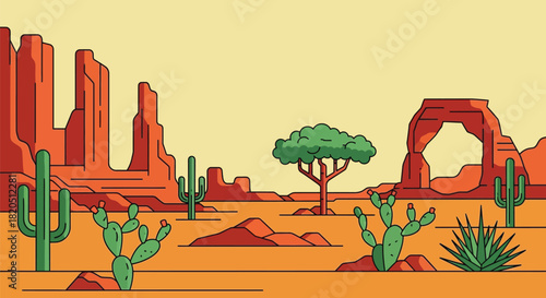 Illustration of desert landscape with cactus and sandstone buttes
