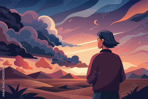 Person gazing at a stunning sunset over mountains, feeling inspired and reflective, ready for adventure and new beginnings, perfect for travel blogs