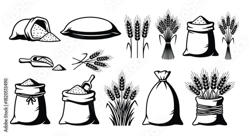 Wheat flour sack vector illustration set for bakery and food design