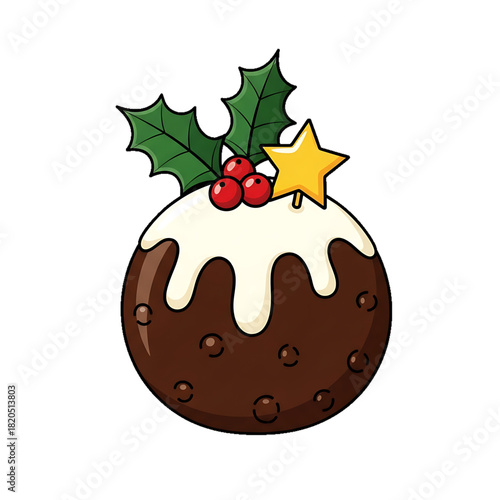 A round Christmas pudding with holly and white glaze on top.
