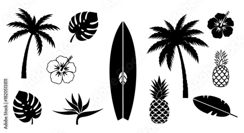 Black and white tropical themed vector art featuring palm trees, flowers, leaves, pineapples, and a surfboard.