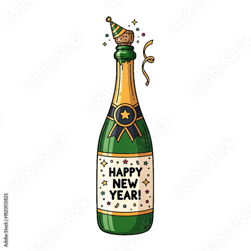A green festive champagne bottle popping for New Year celebration.