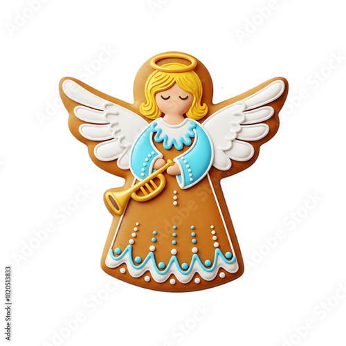 A gingerbread angel cookie with white and blue icing.