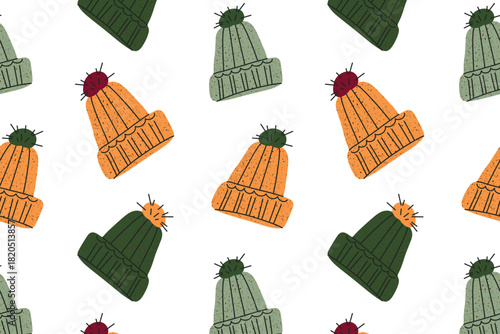 Vector illustration cartoon seamless pattern of wool knitted beanie hats with pom poms, flat cozy autumn or winter accessories, warm seasonal textile design for clothing prints and festive wrapping