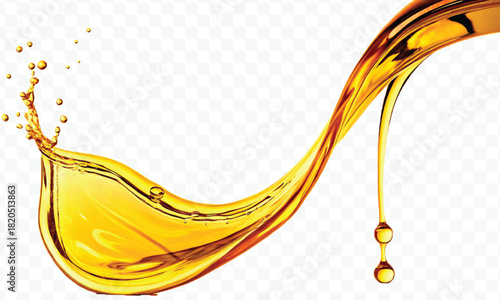abstract smooth liquid cooking, engine, olive oil and honey splashing with droplets in curve style isolated on white background