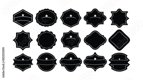 Set of Black Decorative Badges and Emblems with Stars on White Background Keywords: badge, emblem, seal, label, crest, shield, decorative, ornate