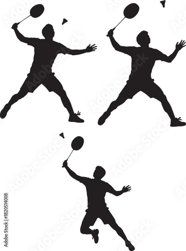 Three badminton players in action silhouette
