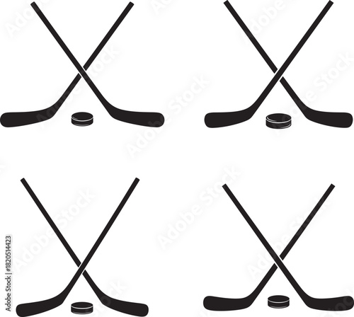 Four crossed hockey sticks and pucks silhouette